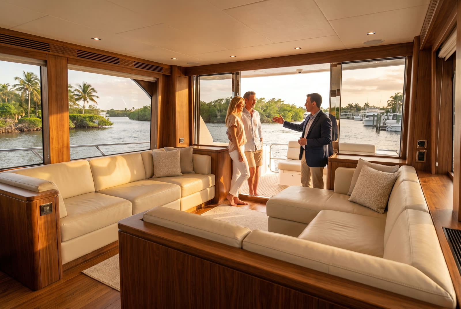 A broker walking a couple through the salon of a motor yacht on the Intracoastal
