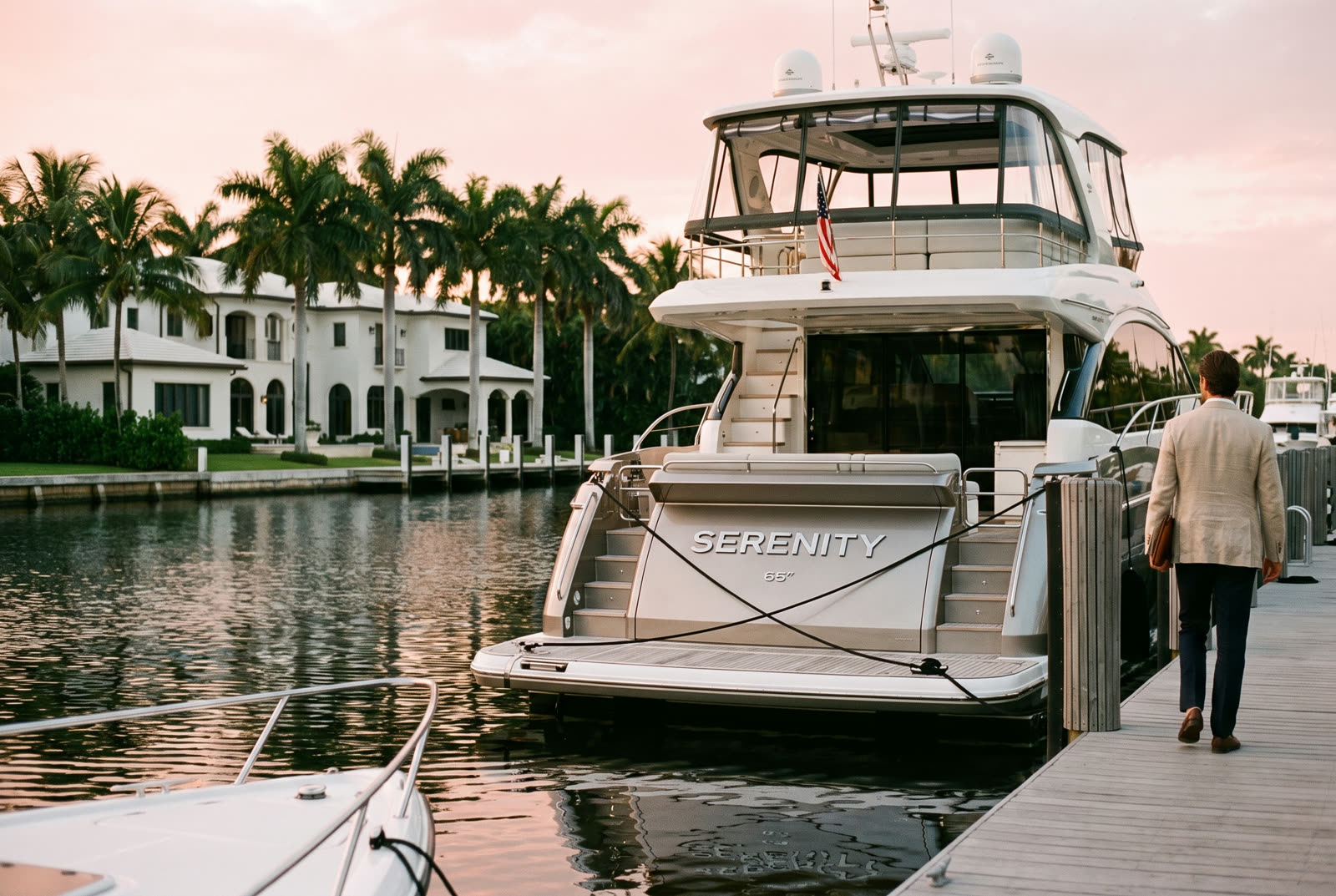 A flybridge motor yacht at a private Fort Lauderdale dock at dawn